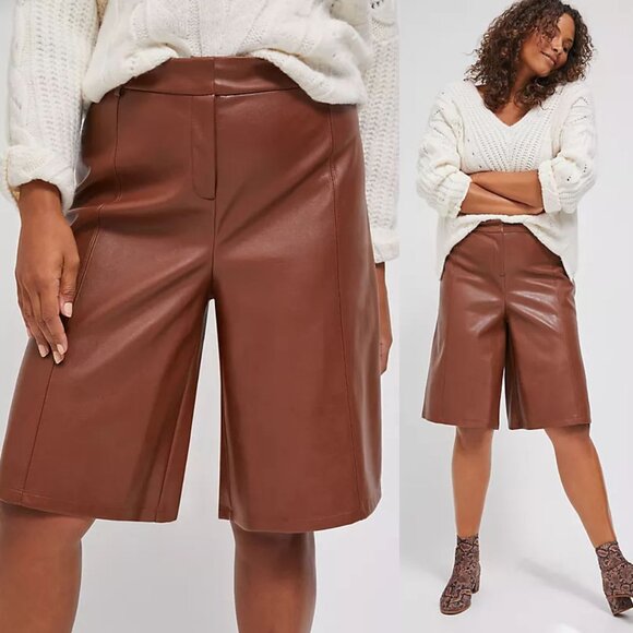 NEW Anthropologie Davina Faux Leather Culottes Pants Plus 14P Cognac Brown $128 - Picture 4 of 16